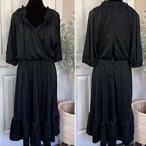 Vintage Jody T Black Dress Womens M-L? Balloon Sleeve Tiered Ruffle Vneck